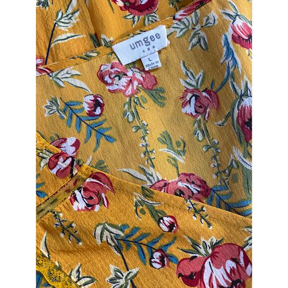 UMGEE Golden Yellow Floral Print Midi Maxi Dress Vneck Button Front Lace LARGE - Picture 5 of 6